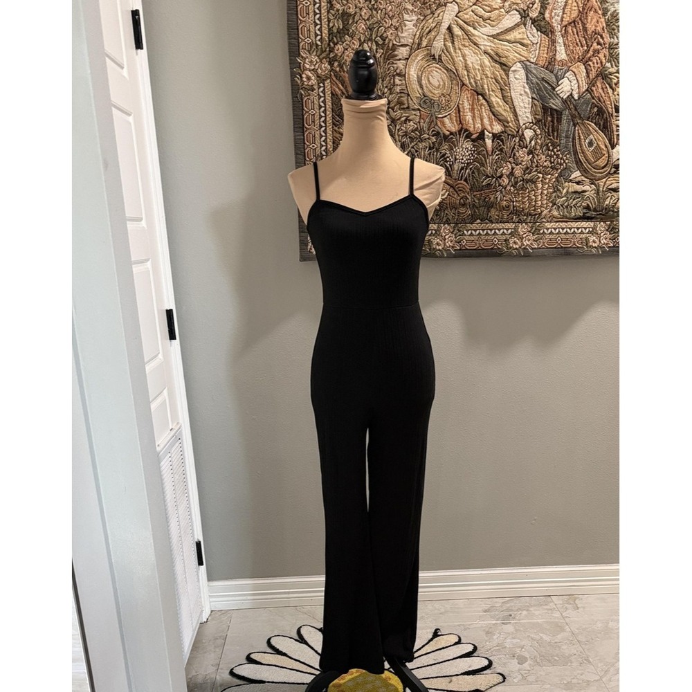 Jumpsuit Womens Small Black Ribbed Knit Spaghetti Strap Wide Leg Casual